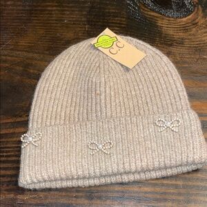 C.C Women's Taupe Beanie with Pearl Bow Accents
